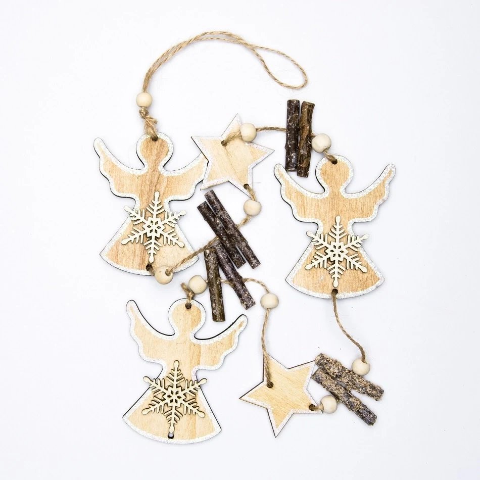 Suspension de Noël en bois, chaîne anges et étoiles, 94 cm