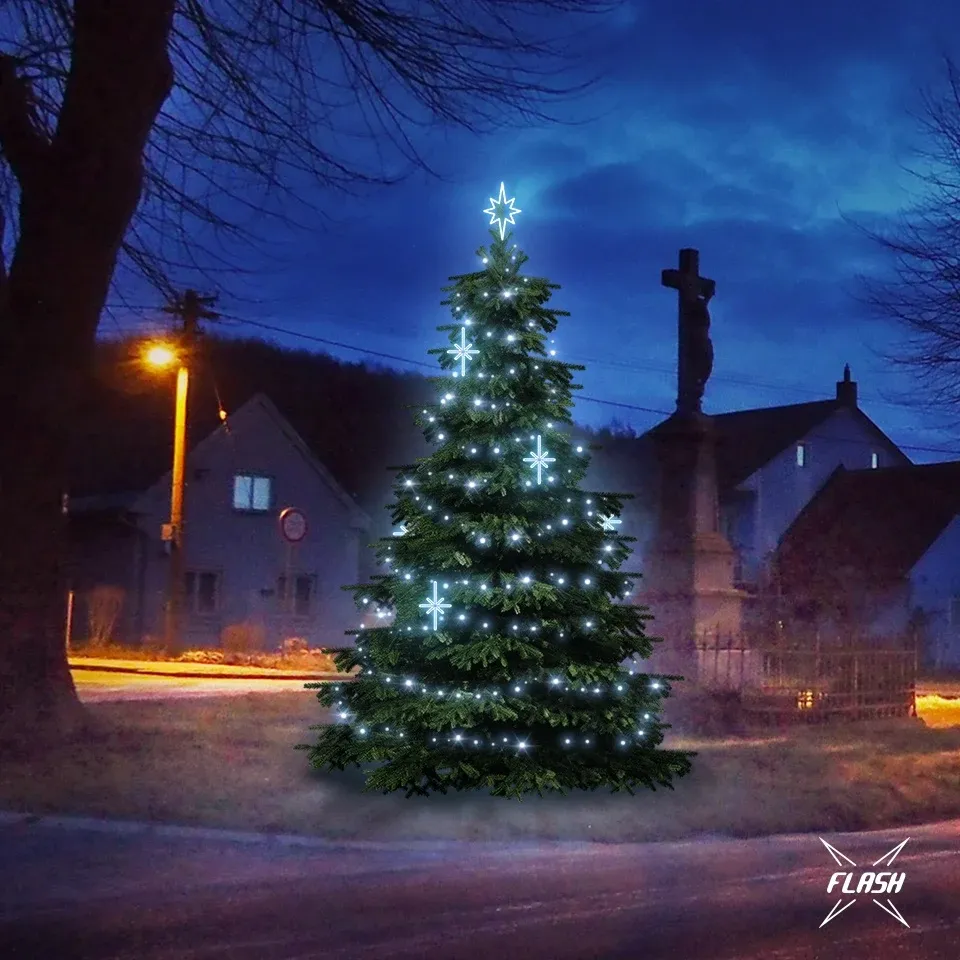 Kit d'éclairage LED pour arbres de Noël de 3 à 5 m de haut, blanc glacier avec décors DZ113S2