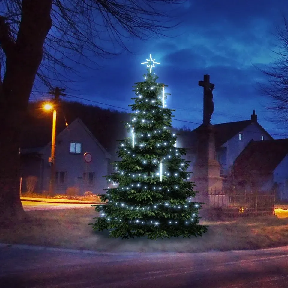 Set d'éclairage LED pour arbres de Noël de 3 à 5 m de haut, blanc glacé avec neige tombante