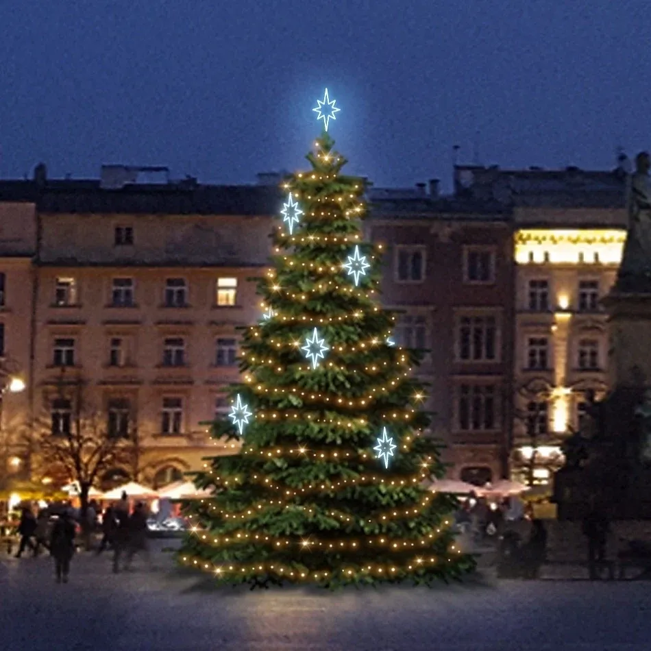 Kit d'éclairage LED pour arbres de Noël de 6 à 8 m de haut, blanc chaud avec décors blanc glacé DZ141S2