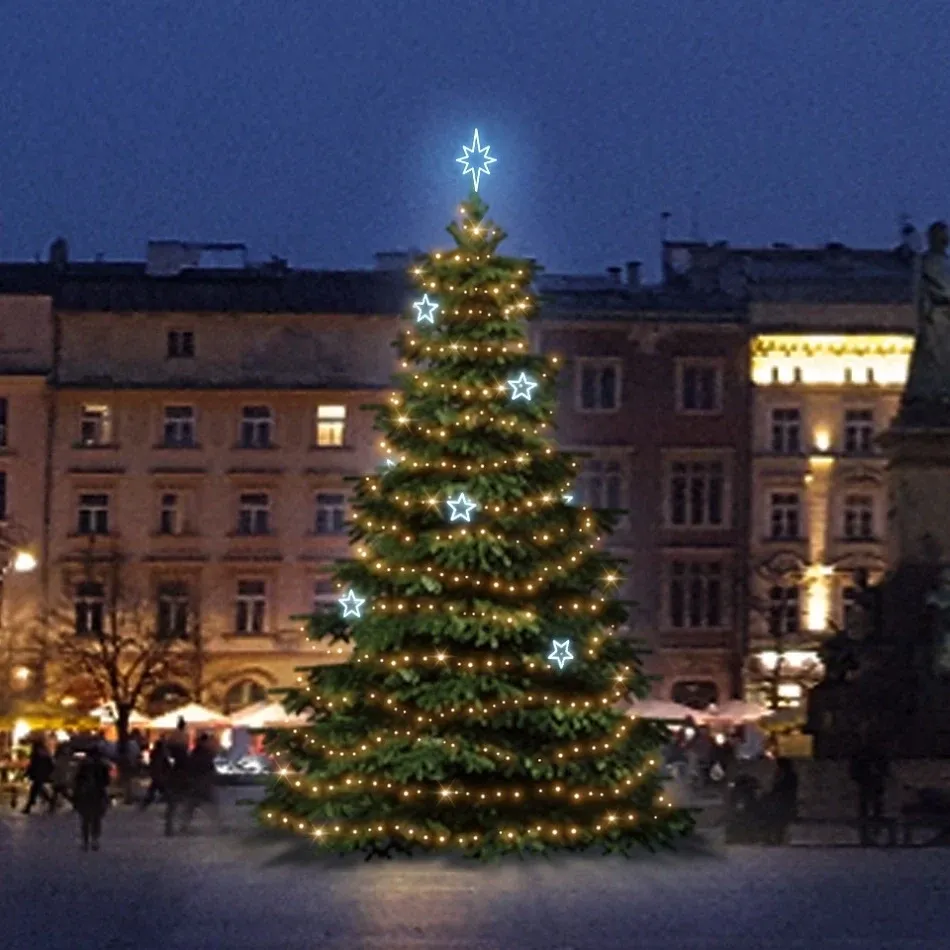 Jeu de lumières LED pour arbres de Noël de 6 à 8 m de haut, blanc chaud avec décors blanc glacé EFD11