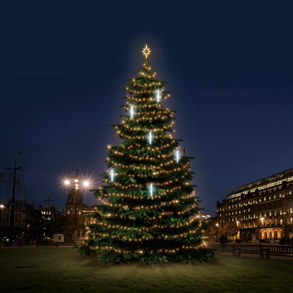 Kit d'éclairage LED pour arbres de Noël de 12-14 m de haut, blanc chaud avec neige tombante